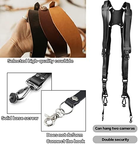 Coolty Camera Shoulder Strap for Two Cameras, Adjustable Leather Camera Strap, Dual Shoulder Digital Camera Leather Harness, Camera Accessories for DSLR/SLR (Black)