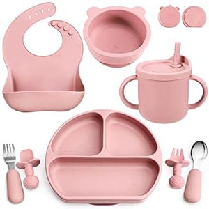 Silicone Baby Feeding Set, Baby Led Weaning Supplies with Suction Bowl Divided Plate, Toddler Self Feeding Dish Set with Spoons Forks Sippy Cup Adjustable Bib, Eating Utensils for 6+ Months(Pink)