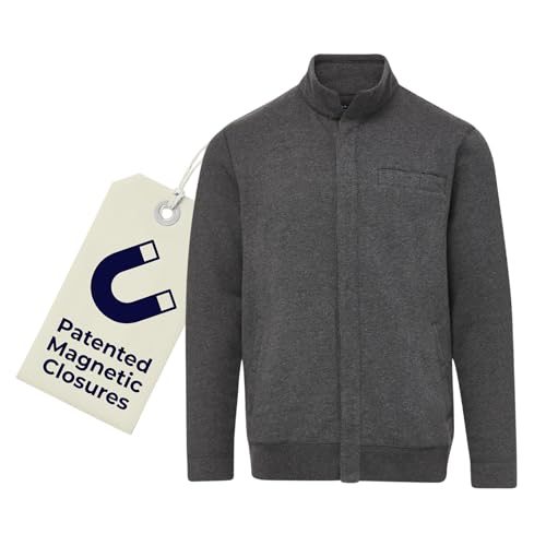 MagnaReady Knit Fleece Long Sleeve ‘Dillon’ Jacket with Magnetic Closures (Grey, Large)