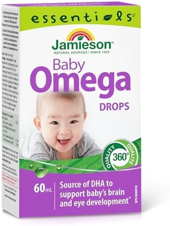Jamieson Baby Omega-3 Drops, with EPA and DHA, Proudly Canadian, Supports Brain and Eye Development. Naturally Flavoured, No Gluten, Artificial Colours, Flavours, or Preservatives, 60 mL