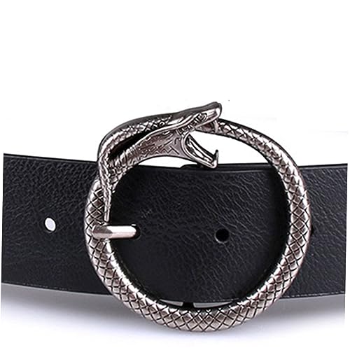 SAFIGLE Retro Wide Waist Belt for Women PU Leather Circle Buckle Fashionable Snake Design for Dresses and Jeans Adjustable Size Black2