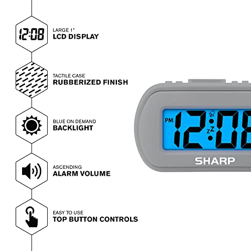 Sharp Digital Alarm Clock – Tactile Case With Soft Rubberized Finish - Battery Operated – Blue Backlight On Demand – Ascending Alarm – Easy To Use – Light Grey #TOP2