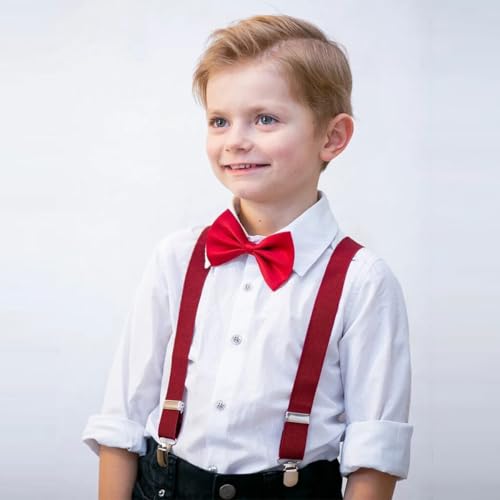 Tokaneit Hosenträger Fliegen Set,Hosenträger Fliegen Set,Kinder Hosenträger Fliege Sets,Y Form Einstellbar Hosenträger,Verstellbare Fliege und Hosenträger im Set,Bowtie Set,Hosenträger Elastisch Rot