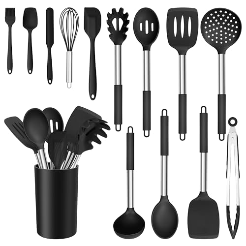 E-far 14 Pieces Silicone Cooking Utensils Set, Kitchen Utensils Set with Holder, Spatula, Ladle, Spoon, Tong, Slotted Turner for Nonstick Cookware, 446°F Heat Resistant & Stainless Steel Handle, Black
