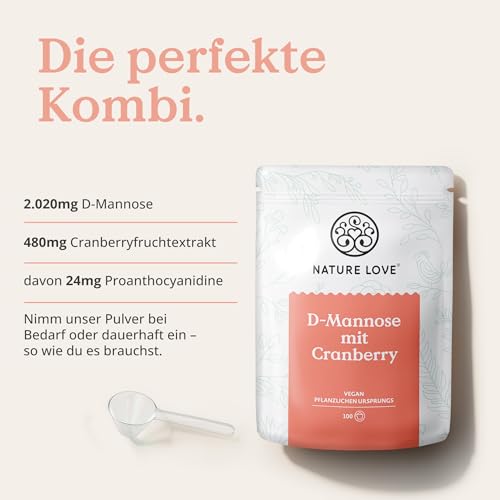 NATURE LOVE® D-Mannose Pulver mit Cranberry - 250 Gramm Pulver zum Auflösen in Wasser - 100 Tage Reichweite - mit Dosierlöffel - hochdosiert, vegan, laborgeprüft & in Deutschland produziert 4