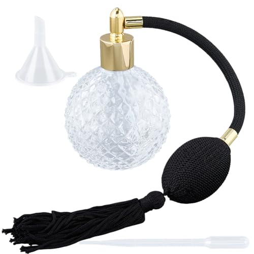 GORGECRAFT Flacons de Parfum en Cristal Transparent de 100 ML Flacon Vaporisateur Vintage Rechargeable en Verre Vide Long Vaporisateur à Pompons Pompe avec Entonnoir et Compte Gouttes Lotion Huile