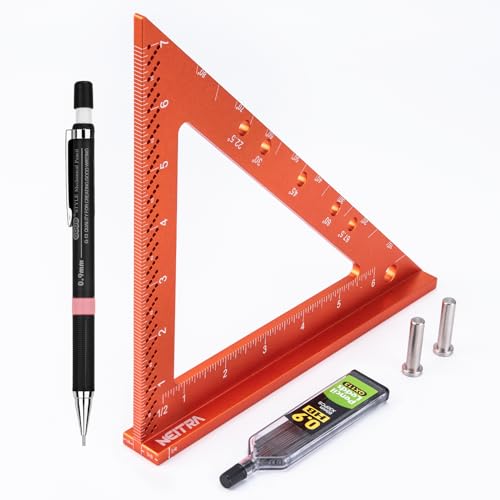 Neitra Square Ruler with Fixed Angle Pin, Accurate Compact Aluminum Alloy Squares with Laser Etched Markings for Carpenter Woodworking Furniture Projects (Orange, 7 Inch)