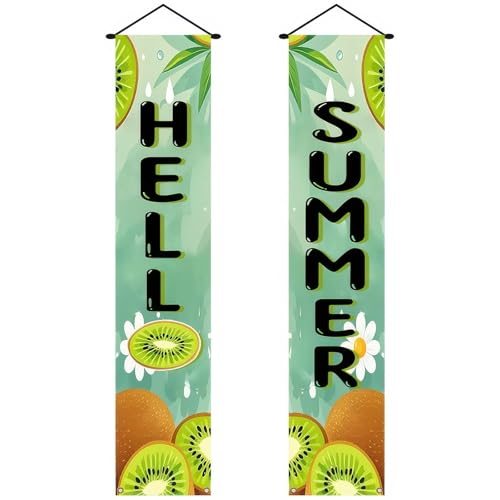 Image of BlissYard 2pcs Hello Summer Door Banner Kiwi Porch Banner Sign Sweet Green Summer Sunshine Front Door Hanging Decor Banners for Seasonal Home Hawaii Tropical Party Outdoor Decorations