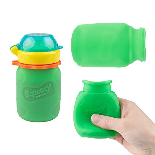 Squeasy Snacker Green 3.5 oz Spill Proof Silicone Reusable Food Pouch - For Both Soft Foods and Liquids - Water, Apple Sauce, Yogurt, Smoothies, Baby Food - Dishwasher Safe