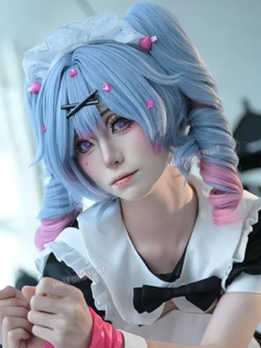 Image of Haze Blue and Pink Anime Ponytail Wig with Bangs Light Blue Curly Twin Tail Lolita Rabbit Singer Costume Wigs for Women Halloween Party Daily