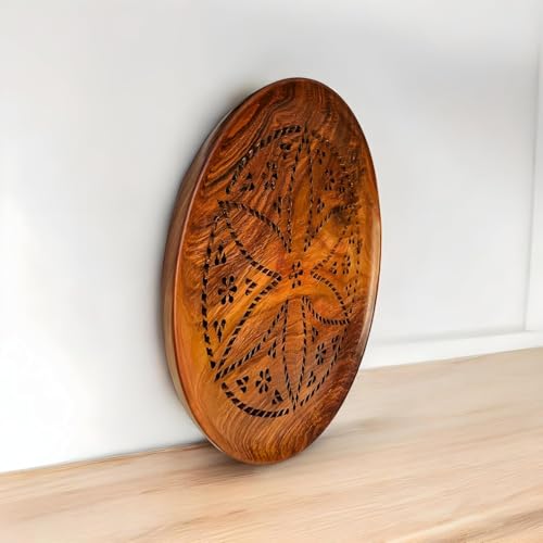 Image of ROSEFINCH Wooden Roti Tray with Carved Design - Round Wood Chapati Basket Plate - Multipurpose Bread & Serving Platter for Kitchen & Dining - (Pack of 1)