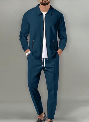 Image of Jawdrobe Men's Zipper-Check Co-Ord Set | Self-Textured Collar Top | Drawstring Jogger Pants | Cotton-Blend Loungewear Night-Suit | Mans Casual Travel Two-Piece