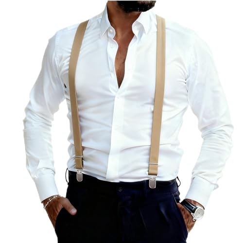 Image of Suspenders for Men and Women Adjustable Elastic 1 inch Wide Leather Heavy Pants Strong Metal Clips Suspender Costume
