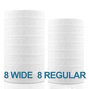 Aozita 16-Pack Plastic Mason Jar Lids with Sealing Rings – Storage Caps for Ball Kerr Canning Jars – 8 Regular Mouth and 8 Wide Mouth Jar Lids – 100% Sealing
