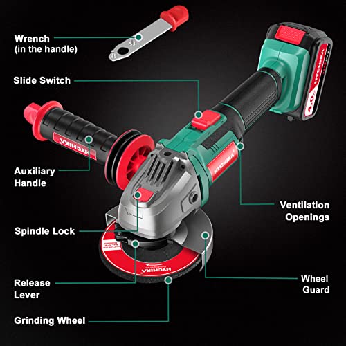 Hychika 18V Power Angle Grinder,Cordless Grinder With 4.0Ah Battery And Fast Charger,8500Rpm,5Pcs 4-1/2" Disc,3-Position Auxiliary Handle For Cutting And Grinding #TOP1
