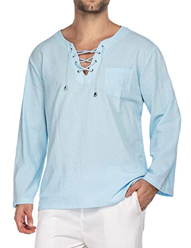 COOFANDY Mens Casual Lace Up Tunic Shirt Linen Like Solid Beach Top