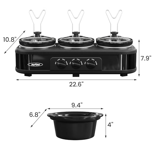Sunvivi Triple Slow Cooker Buffet Servers and Warmer,3 Pot Food Small Mini Manual Slow Cooker with Adjustable Temp Stainless Steel Lid Rests,Removable Ceramic Pot, 3 * 1.5 Quarts Black
