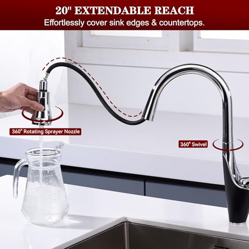 Image of sumerain Single-Hole Kitchen Faucet with Pull Down Sprayer,Single Handle Stainless Steel Kitchen Sink Faucet,Chrome & Black