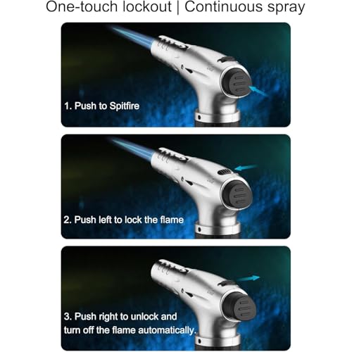 سكاي-تاتش ولاعة غاز البوتان، مسدس رش مطبخ قابل لاعادة الملء مع قفل امان، وضع لهب مستمر، لهب قابل للتعديل، مناسبة للطبخ والشواء، فضي لا يحتوي على غاز البوتان