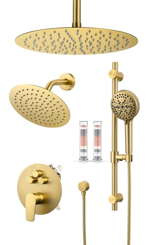 Image of Woindo Shower Faucet Set with Slide Bar, 12 inch Rain Shower Head /8'' Side Shower Head and 10 Setting Handheld Ceiling Mount 3 Push Button Diverter Complete Rainfall Shower System Included Valve Trim Kit