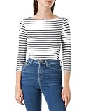 Amazon Essentials Damen T-Shirt mit Bateau-Ausschnitt und 3/4-Ärmeln in schmaler Passform, Weiß Streifen, L