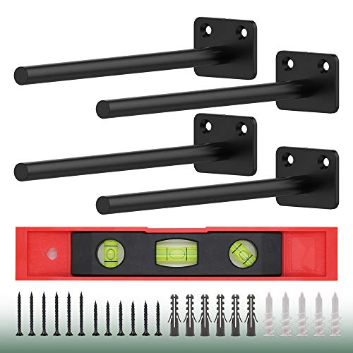 8 Inch Heavy Duty Floating Shelf Brackets, 4 Pack Solid Steel Blind Shelf Bracket Hidden Shelf Supports with Spirit Level and Hardware for Home Decor, Storage, Organization (Black)