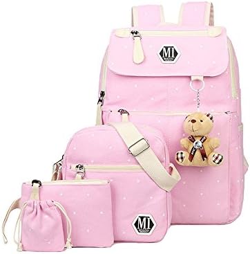 Teen Girl Polka Dot Canvas Backpack Set Childs School Bag with Bear Plush Pendant for Girls Middle School