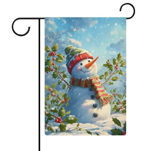 Pupazzo di neve agrifoglio vischio nel paesaggio innevato bandiera giardino vacanze stagionali juta doppia faccia casa cortile esterno bandiere 30,5 x 45,7 cm