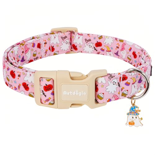 Astdogio Halloween Dog Collar Fall Dog Collars for Small Dogs Cute Pink Puppy Collar with Adorable Ghost & Pumpkin Design Soft Cotton Small Dog Collars Girl Boy Dog Collar-S