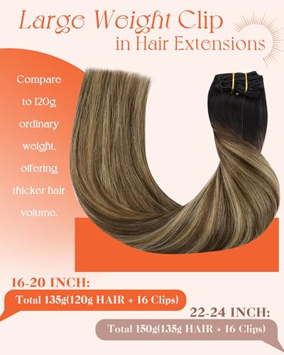 Image of Sunny Hair Clip in Hair Extensions Real Human Hair Black Balayage Blonde | 135g 20inch Clip in Extensions Real Human Hair Brown Blonde, Natural Blend Fuller Hair, Add Multidimensional Color for Party