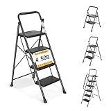 4 Step Ladder, Folding Step Stool with Wide Anti-Slip Pedals, 500lbs Sturdy Steel Ladder with Handrail, Space-Saving, Portable for Home & Adults, Black