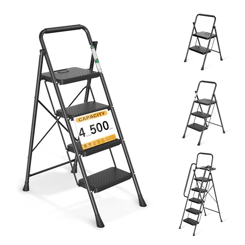 4 Step Ladder, Folding Step Stool with Wide Anti-Slip Pedals, 500lbs Sturdy Steel Ladder with Handrail, Space-Saving, Portable for Home & Adults, Black