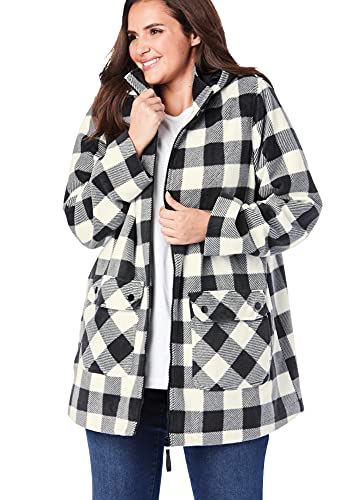 Woman Within Women's Plus Size Hooded Fleece Coat - 14/16, Black Buffalo Plaid #TOP3