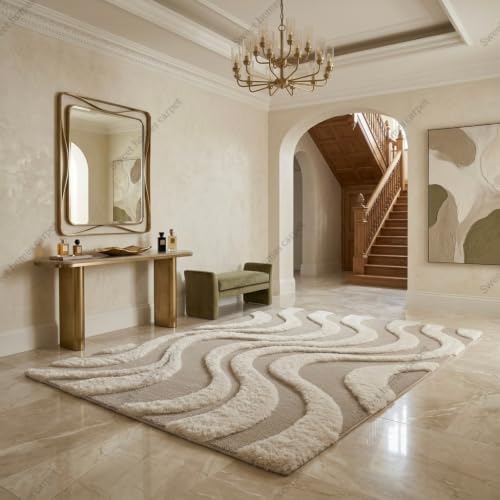 Image of SWEET HOMES Luxury Abstract Shag Rug, Thick Soft Area Carpet for Living Room, Bedroom, 12 x 18 Feet (366 x 549 cm), Beige & Ivory