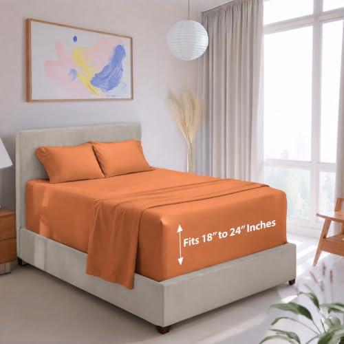 Image of Hearth & Harbor Extra Deep Pocket Full Sheet Set, Rust | 4 Piece Cooling Bed Sheets Set, Ultra Soft & Breathable, Fits Up to 24 inch Mattress, Wrinkle & Fade Resistant, Hotel Luxury