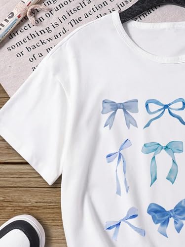 QJQ Girl's Bow Letter Graphic T Shirts Short Sleeve Crewneck Crop Tops Tees Summer Trendy Preppy Cute Clothes3