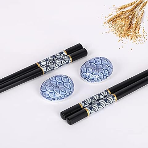 TIICOO Essstäbchen Wiederverwendbare Chinesische Japanische Sushi Geschirr-2 Paar handgemachte Sushi Stäbchen Holz 22,5 cm lang+2 Keramik-Essstäbchen-Halter Geschenkset Cover