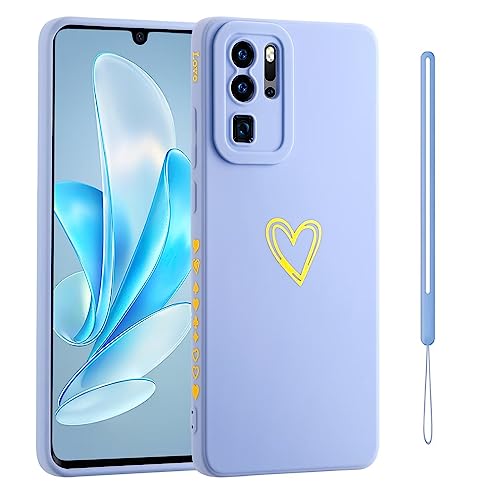Jeelar ESONG Cover per Huawei P30 Pro,Custodia in sottile tinta unita Morbida Silicone TPU Antiurto Protettiva Bumper Shell con Forma di Cuore d'Amore Dorato,per Donne/Ragazze-Blu