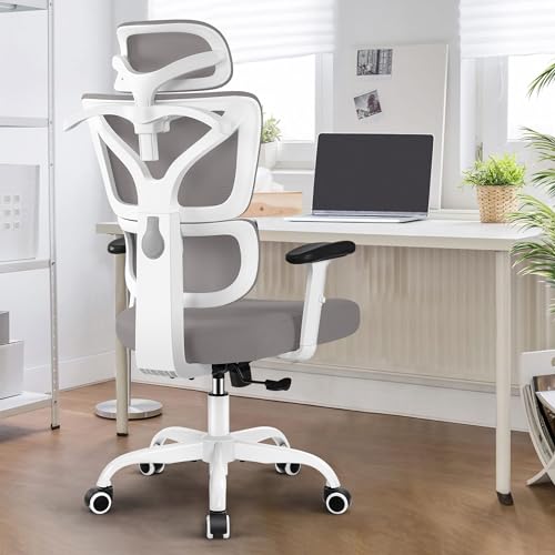Dochair Silla Oficina Ergonómica Con Respaldo De Malla Elástica, Reposacabezas Ajustable Y Silla Escritorio De Altura Con Percha, Gris Dochair Silla Oficina Ergonómica Con Respaldo De Malla Elástica, Reposacabezas Ajustable Y Silla Escritorio De Altura Con Percha, Gris