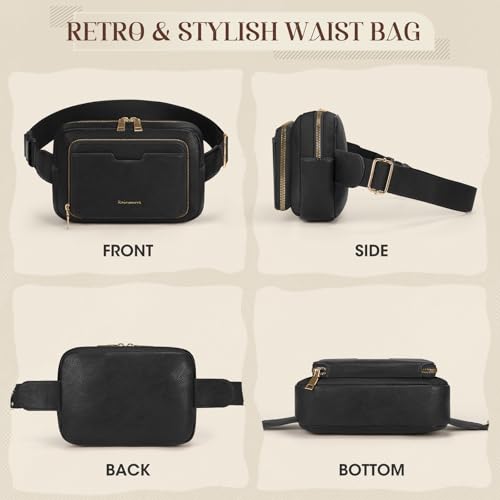 Image of RAINSMORE Fanny Packs for Women, Leather Belt Bag Waterproof Everywhere Crossbody Waist Pack with Adjustable Strap Retro Sling Chest Bag for Work Running Travel Party, Black