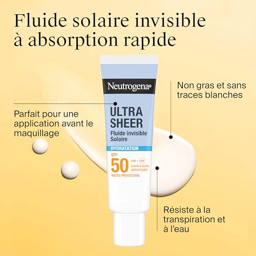 Neutrogena – Fluide Solaire Invisible Ultra Sheer Hydratation SPF 50 UVB + UVA (50 ml) – Crème solaire visage antioxydante avec vitamine C – Sec au toucher et absorption rapide, hydratation 24h