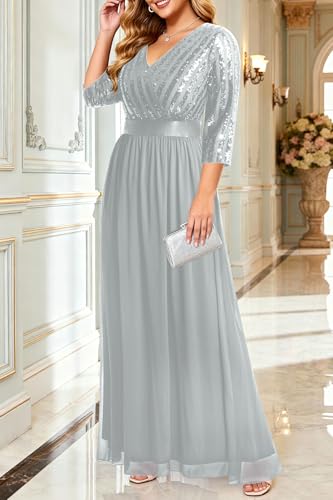 Image of Womens Plus Size Formal Dresses - V Neck 3 /4 Sleeve Sequin Prom Evening Gowns Long Maxi Dres