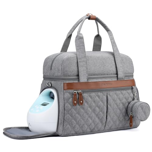 Image of Breast Pump Bag, Diaper Bag Tote with 4 Cooler Pockets, Double-Layer Work Bag for Breastfeeding Mom fit 15'' Laptop