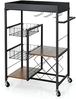 COSTWAY 4 Tier Kitchen Serving Trolley, Removable Top Tray Rolling Bar Cart with Lockable Wheels, Wine Rack and Glass Holder, Home Office Industrial Metal Storage Shelf Utility Trolley (67x40x91cm)