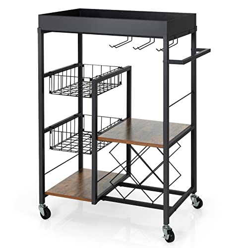 Carrito de cocina industrial de metal de 4 niveles con ruedas bloqueables y estante para vinos, bandeja superior extraíble, carrito de barra rodante con soporte de vidrio para almacenamiento de