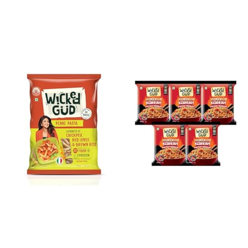 Image of WickedGud 2X Fiber Penne Pasta | No Maida | Durum Wheat Semolina | Brown Rice | Red Lentils | Health + WickedGud Korean Instant Noodles Fiery 2X Spicy Pack of 5 | Whole Wheat | No Palm Oil | 67g