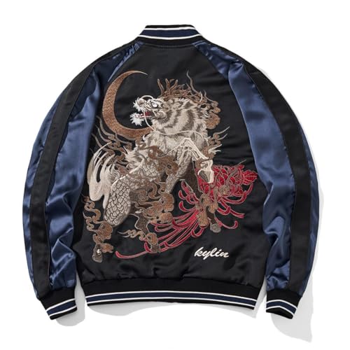 Kylin Embroidery Men's Bomber Jacket Oversized Zip Up Hip Hop Coat Vintage Japanese Style Windbreaker