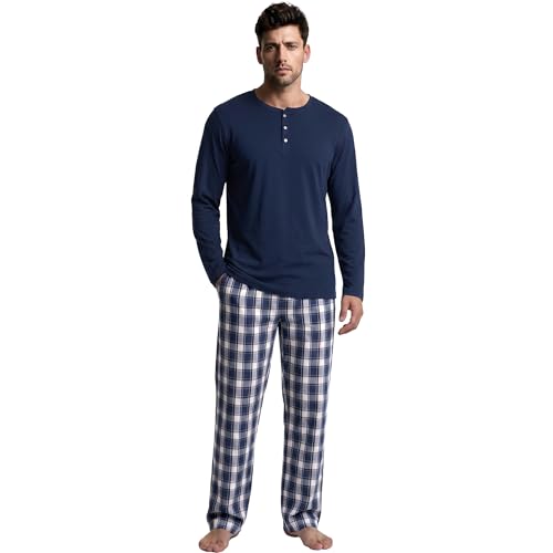 Vulcanodon Mens Cotton Pajama Set Long Sleeve Lightweight Sleepwear for Men Soft Breathable Lounge Set Casual Home Clothes with Plaid Pants Comfy Pjs for Men(Navy+Navy Plaid L)
