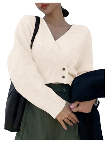 Image of WDIRARA Women's Wrap V Neck Sweater Button Front Long Sleeve Crop Knitted Top