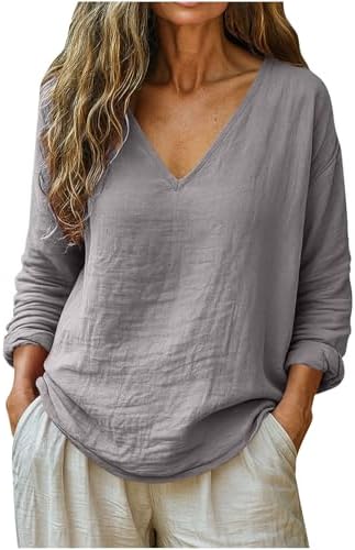 Linen Shirts for Women Dressy Casual Cotton Spring Tops 2026 V Neck Summer Long Sleeve Shirt Vacation Office Casual